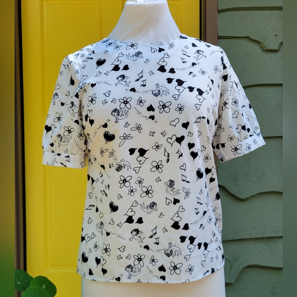 Rare PERI Cherub Heart Floral Novelty Print Blouse EU 44 US 12